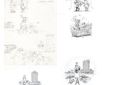 several sketches of people in a park with buildings and trees