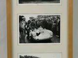 trois photographies en noir et blanc d'une voiture de course, dans un cadre en bois