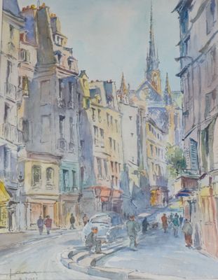 a painting of a city street with people walking on it