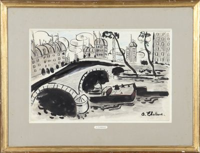 dessin représentant un homme et une femme dans un bateau sur une rivière, avec des bâtiments en arrière-plan