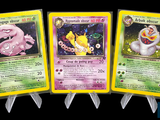 Trois cartes Pokémon sont représentées en ligne sur un fond noir