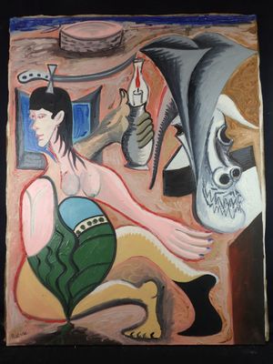 a painting of a woman sitting on the ground