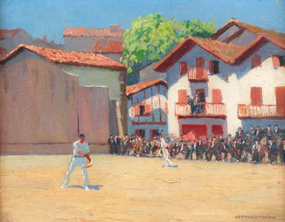 a painting of a baseball game being played in front of a crowd