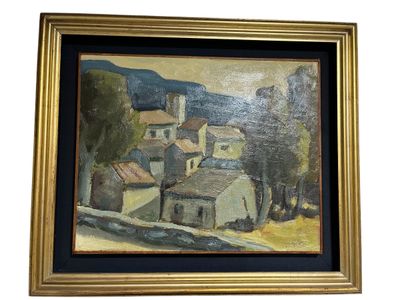 peinture à l'huile encadrée représentant une scène de village avec une église et des arbres
