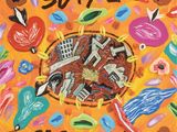 une peinture représentant une pizza entourée de divers types d'aliments