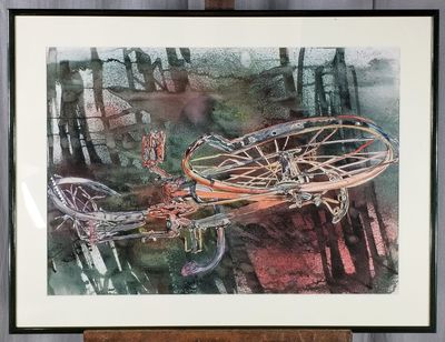 DESROSMOS. Aquarelle. Bicyclette accidentée.