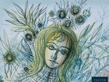 a drawing of a woman with flowers in her hair
