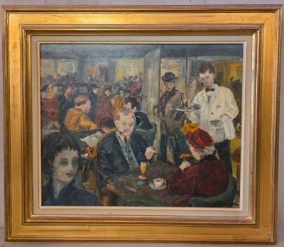 peinture d'un groupe de personnes assises autour d'une table dans une pièce