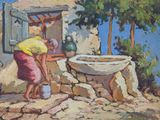 a painting of a woman washing her hands in a basin