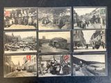 several old black and white photos of people and vehicles on a street