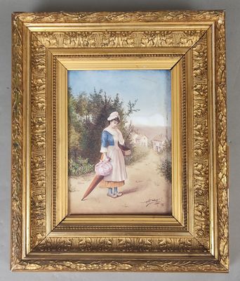 an old painting of a woman with a child in a field