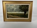 a painting of a lone tree in a field with a cloudy sky