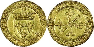 une pièce d'or avec une couronne au recto et un bouclier au verso