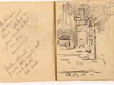 an old book with a drawing of a building and a postcard