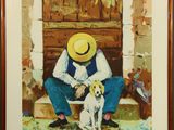 painting of a man sitting on a bench with a dog