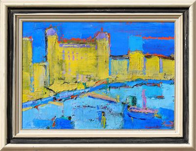 an oil painting of a cityscape with boats in the water