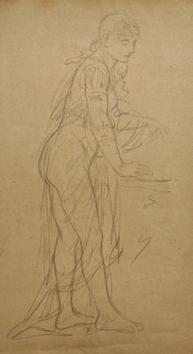 an old drawing of a woman standing with her hand on her hip