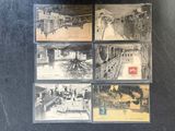several old black and white photos of a train station