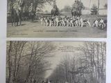 two old black and white photos of horses and people in a wooded area