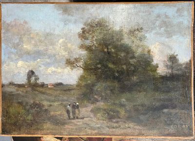 une peinture à l'huile représentant deux vaches dans un champ, avec un arbre en arrière-plan