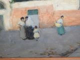 painting of a group of people walking down a street in front of a building