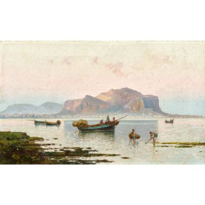 un tableau représentant un groupe de personnes sur un bateau au milieu d'un plan d'eau