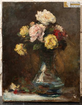 une peinture de fleurs dans un vase sur une table