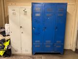 two blue lockers next to each other in a room