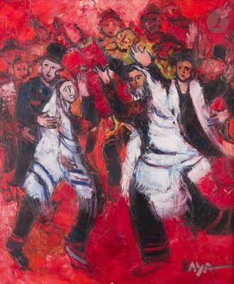 a painting of a group of people dancing in front of a crowd
