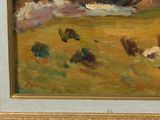 a picture of a painting of a cow in a field