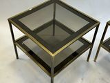 pair of brass and glass coffee tables with shelves