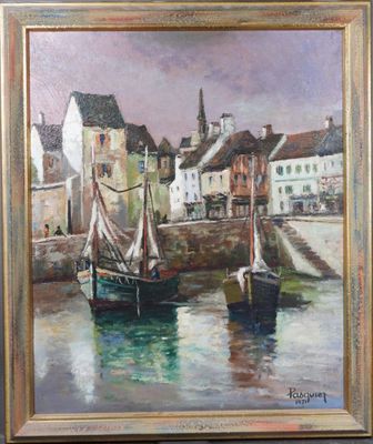 peinture de bateaux dans un port avec des bâtiments en arrière-plan