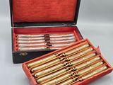 a set of six gold and silver plated pens in a red case