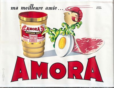 a sign that says amorra with a picture of an egg and a piece of meat