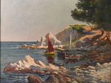 a painting of a sailboat on the water by the shore
