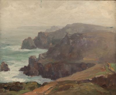 an image of a painting of a rocky coast by the ocean
