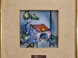 a picture of a painting of a house with a bird on it