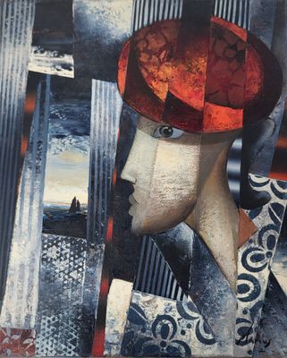 peinture abstraite représentant une femme coiffée d'un chapeau rouge et un paysage urbain