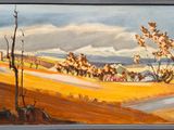 une peinture à l'huile représentant un paysage avec une route au premier plan et des arbres au premier plan