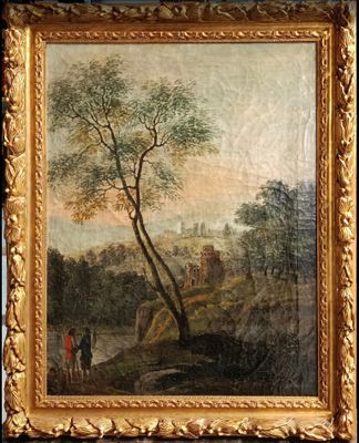 tableau représentant un paysage avec un homme et un chien au bord d'une rivière