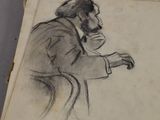 drawing of a man sitting at a table with a book in front of him