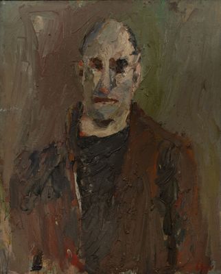 une peinture à l'huile représentant un homme vêtu d'une veste marron et d'une chemise noire