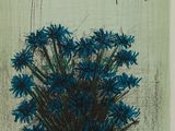 drawing of a bunch of blue flowers in a vase on a green background