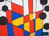 painting of a red, yellow, blue and black geometric design on a white background