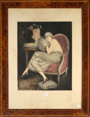 painting of a woman sitting in a chair in front of a vase