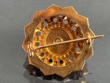 a close up of a gold brooch with a stick in it