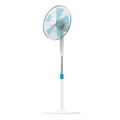 a white and blue fan sitting on top of a white pole