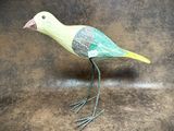 a green and yellow bird that is standing on a brown surface