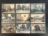 plusieurs photographies en noir et blanc d'une rue de la ville où l'on voit des chevaux et des calèches
