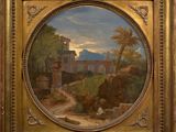 an oil painting of a landscape with a bridge in the background